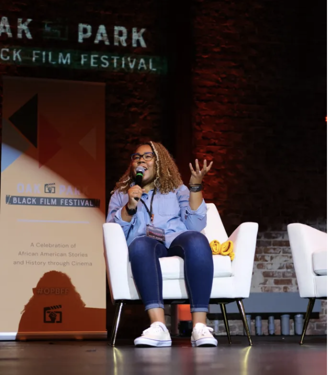 Director Lagueria Davis discusses the documentary “Black Barbie” at the Oak Park Black Film Festival. Joshua Cosico, courtesy photo